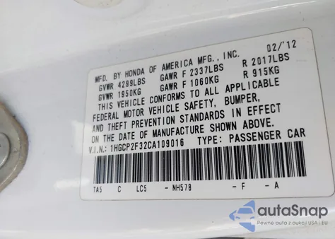 2012 Honda Accord 2.4 Lx из США, поврежденный, VIN 1HGCP2F32CA109016